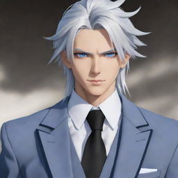 Generate an image of a tall and handsome anime boy. He has cool blue eyes, long, silver-white hair tied up, and is stylishly dressed in a suit. He is depicted as a dragon slayer.