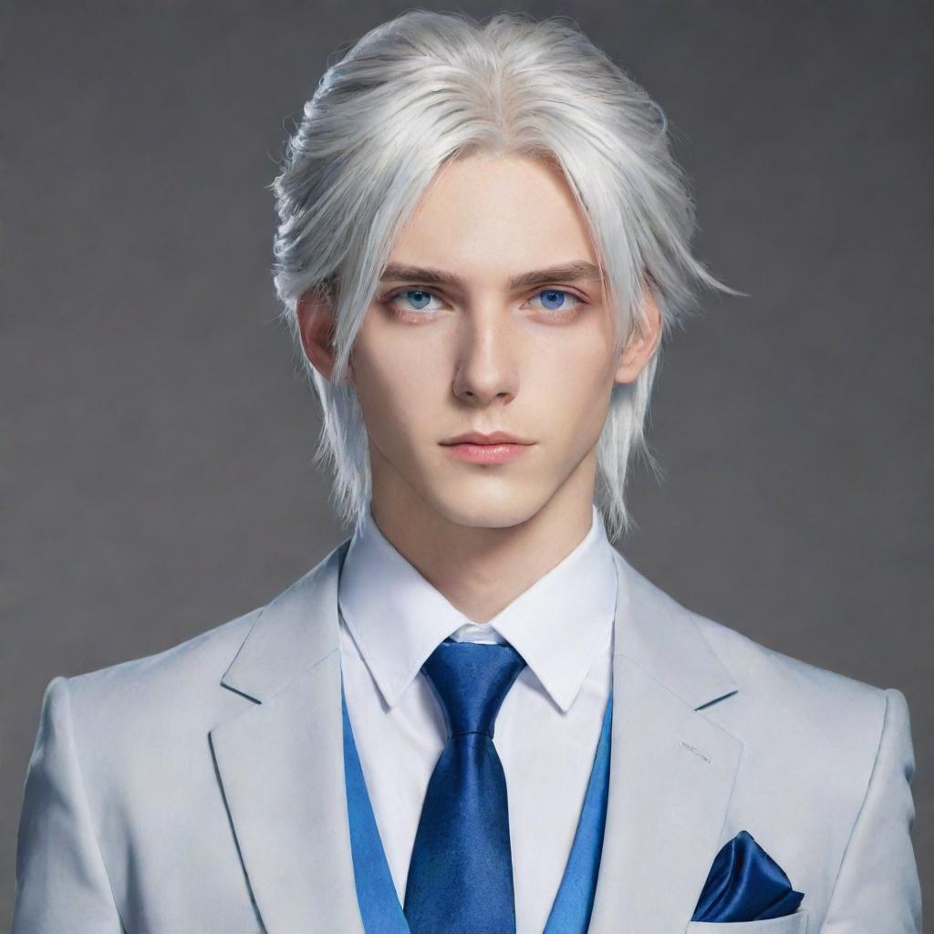 Draw a tall and handsome anime boy with cool blue eyes, long silver-white hair tied up, stylishly wearing a suit.