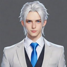 Draw a tall and handsome anime boy with cool blue eyes, long silver-white hair tied up, stylishly wearing a suit.