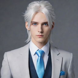 Draw a tall and handsome anime boy with cool blue eyes, long silver-white hair tied up, stylishly wearing a suit.