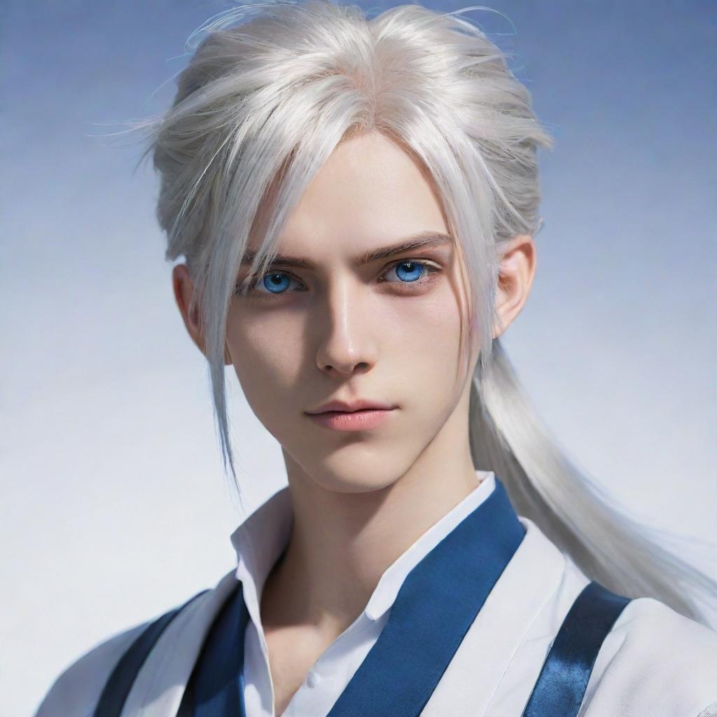 Create an image of a tall, cool anime boy with long, silver-white hair tied up, handsome features, and striking blue eyes.