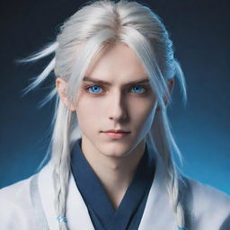 Create an image of a tall, cool anime boy with long, silver-white hair tied up, handsome features, and striking blue eyes.