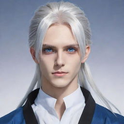 Create an image of a tall, cool anime boy with long, silver-white hair tied up, handsome features, and striking blue eyes.