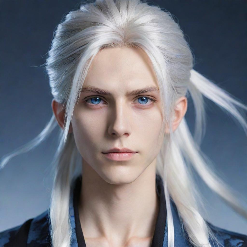 Create an image of a tall, cool anime boy with long, silver-white hair tied up, handsome features, and striking blue eyes.