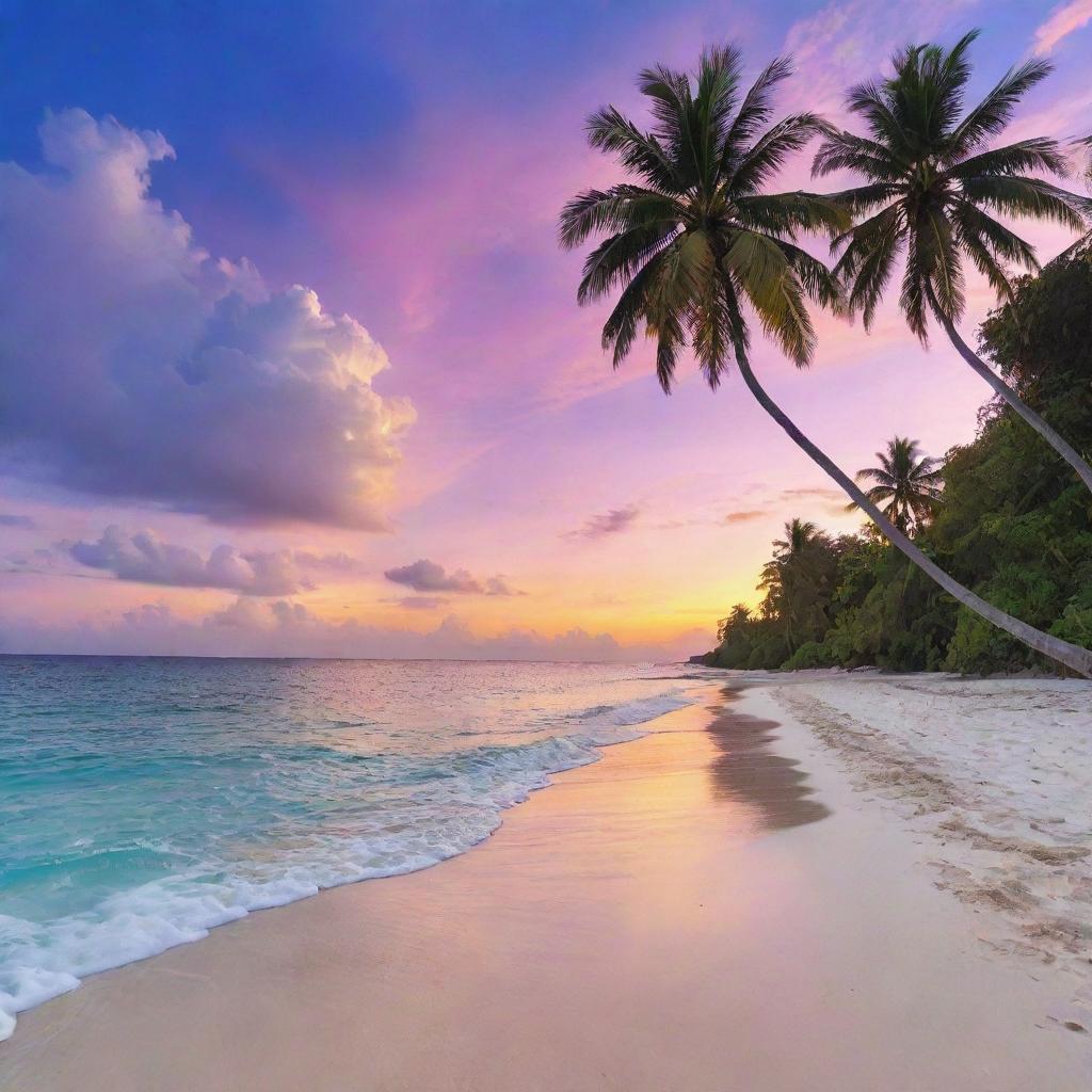 A breathtakingly beautiful island vista, complete with crystal clear turquoise waters, pristine white sand beaches, lush tropical vegetation, and a stunning sunset painting the sky in hues of orange, pink, and violet