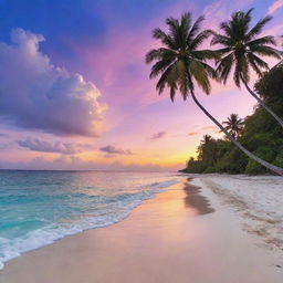 A breathtakingly beautiful island vista, complete with crystal clear turquoise waters, pristine white sand beaches, lush tropical vegetation, and a stunning sunset painting the sky in hues of orange, pink, and violet