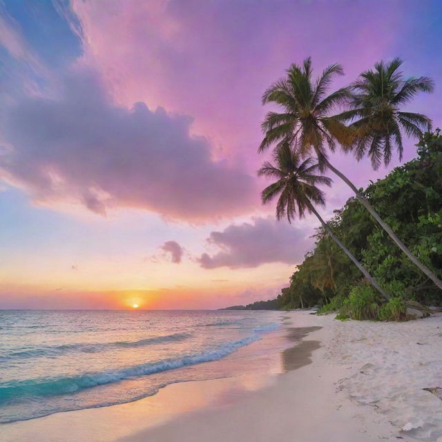 A breathtakingly beautiful island vista, complete with crystal clear turquoise waters, pristine white sand beaches, lush tropical vegetation, and a stunning sunset painting the sky in hues of orange, pink, and violet