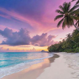 A breathtakingly beautiful island vista, complete with crystal clear turquoise waters, pristine white sand beaches, lush tropical vegetation, and a stunning sunset painting the sky in hues of orange, pink, and violet