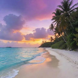 A breathtakingly beautiful island vista, complete with crystal clear turquoise waters, pristine white sand beaches, lush tropical vegetation, and a stunning sunset painting the sky in hues of orange, pink, and violet