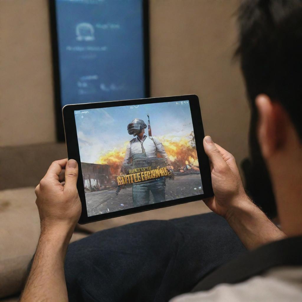 A Qawati man immersed in a game of PUBG on his iPad. In front of him is a screen prominantly featuring the word 'NOBACk', with the intense battlegrounds of PUBG serving as the background.