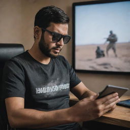 A Qawati man immersed in a game of PUBG on his iPad. In front of him is a screen prominantly featuring the word 'NOBACk', with the intense battlegrounds of PUBG serving as the background.