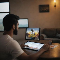 A Qawati man immersed in a game of PUBG on his iPad. In front of him is a screen prominantly featuring the word 'NOBACk', with the intense battlegrounds of PUBG serving as the background.