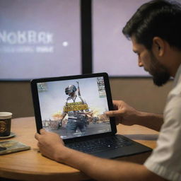 A Qawati man immersed in a game of PUBG on his iPad. In front of him is a screen prominantly featuring the word 'NOBACk', with the intense battlegrounds of PUBG serving as the background.