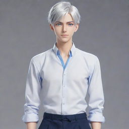 Generate a full-body image of a tall and handsome anime boy with smart expresssion, silver-white hair tied up, and blue eyes.