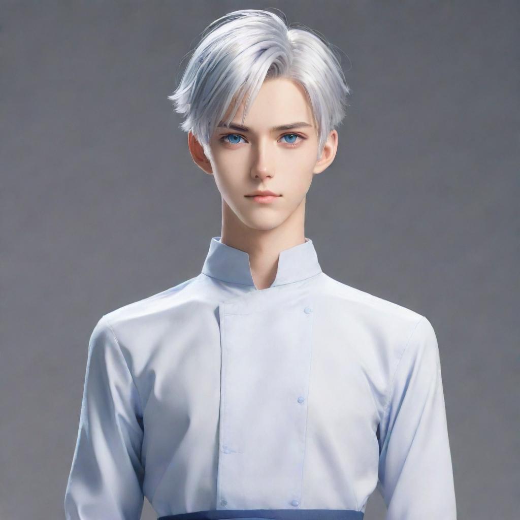 Generate a full-body image of a tall and handsome anime boy with smart expresssion, silver-white hair tied up, and blue eyes.