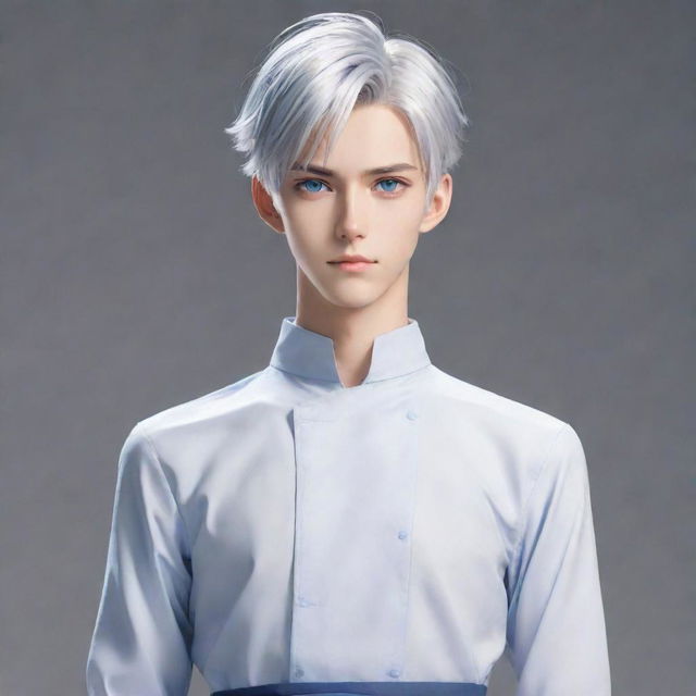 Generate a full-body image of a tall and handsome anime boy with smart expresssion, silver-white hair tied up, and blue eyes.