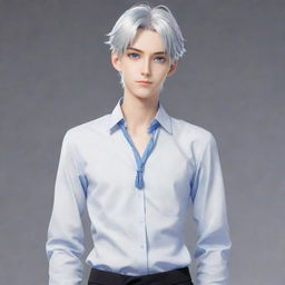 Generate a full-body image of a tall and handsome anime boy with smart expresssion, silver-white hair tied up, and blue eyes.