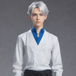 Generate a full-body image of a tall and handsome anime boy with smart expresssion, silver-white hair tied up, and blue eyes.