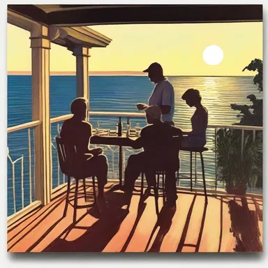 As the sun set over the ocean, they sat on the balcony, sipping wine and playing gin rummy.