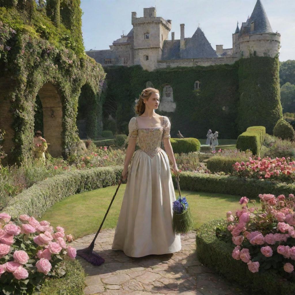 Elara, dressed humbly, is diligently cleaning a grand castle. In the background, Prince Alaric is subtly observing her from the lush castle gardens rich with flowers and trimmed hedges.