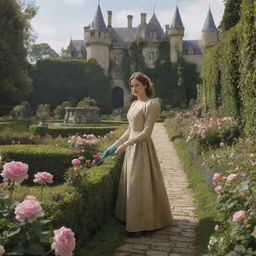 Elara, dressed humbly, is diligently cleaning a grand castle. In the background, Prince Alaric is subtly observing her from the lush castle gardens rich with flowers and trimmed hedges.