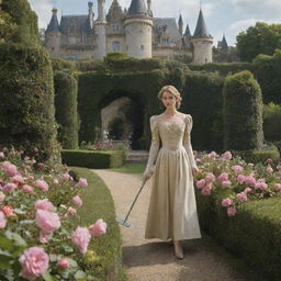 Elara, dressed humbly, is diligently cleaning a grand castle. In the background, Prince Alaric is subtly observing her from the lush castle gardens rich with flowers and trimmed hedges.