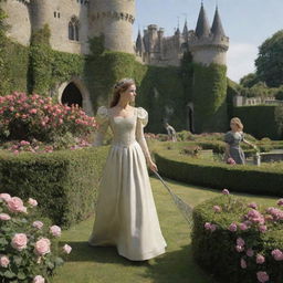 Elara, dressed humbly, is diligently cleaning a grand castle. In the background, Prince Alaric is subtly observing her from the lush castle gardens rich with flowers and trimmed hedges.