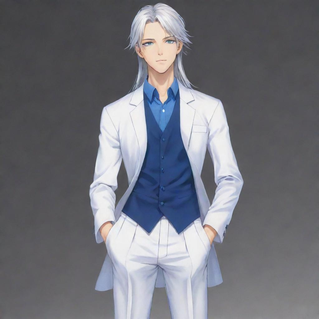 Generate a full-body image of a tall, handsome anime boy. He has long silver-white hair tied up, smart blue eyes, and is dressed neatly and lavishly.