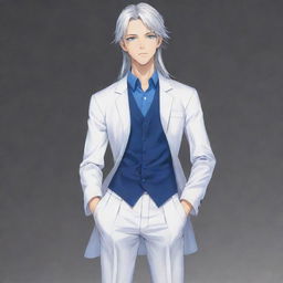 Generate a full-body image of a tall, handsome anime boy. He has long silver-white hair tied up, smart blue eyes, and is dressed neatly and lavishly.