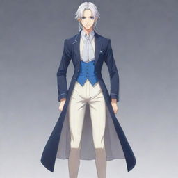 Generate a full-body image of a tall, handsome anime boy. He has long silver-white hair tied up, smart blue eyes, and is dressed neatly and lavishly.