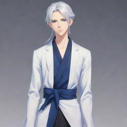 Generate a full-body image of a tall, handsome anime boy. He has long silver-white hair tied up, smart blue eyes, and is dressed neatly and lavishly.