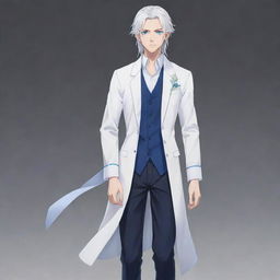 Generate a full-body image of a tall, handsome anime boy. He has long silver-white hair tied up, smart blue eyes, and is dressed neatly and lavishly.