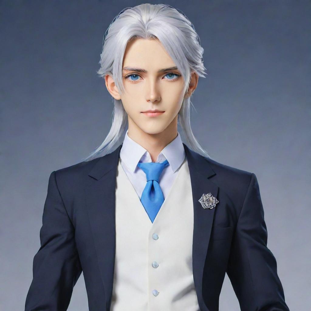 Create a full-body image of a tall, smart, and handsome anime boy who appears like a minister. He has long, silver-white hair tied up, stunning blue eyes, and is clad in a neatly tailored, gorgeous outfit.