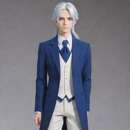 Create a full-body image of a tall, smart, and handsome anime boy who appears like a minister. He has long, silver-white hair tied up, stunning blue eyes, and is clad in a neatly tailored, gorgeous outfit.