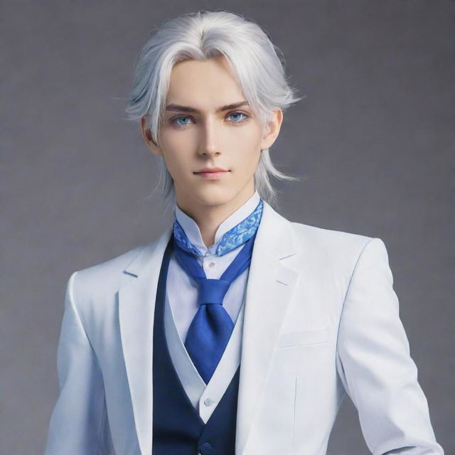 Create a full-body image of a tall, smart, and handsome anime boy who appears like a minister. He has long, silver-white hair tied up, stunning blue eyes, and is clad in a neatly tailored, gorgeous outfit.