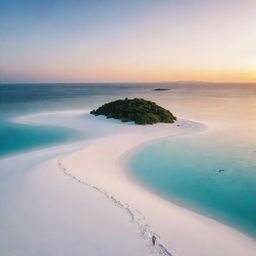 A stunning solitary island with a single person standing on the white sands, surrounded by azure waters and lush greenery, under the canvas of a breathtaking sunset