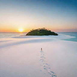 A stunning solitary island with a single person standing on the white sands, surrounded by azure waters and lush greenery, under the canvas of a breathtaking sunset