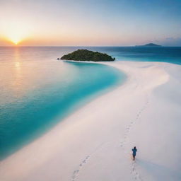 A stunning solitary island with a single person standing on the white sands, surrounded by azure waters and lush greenery, under the canvas of a breathtaking sunset