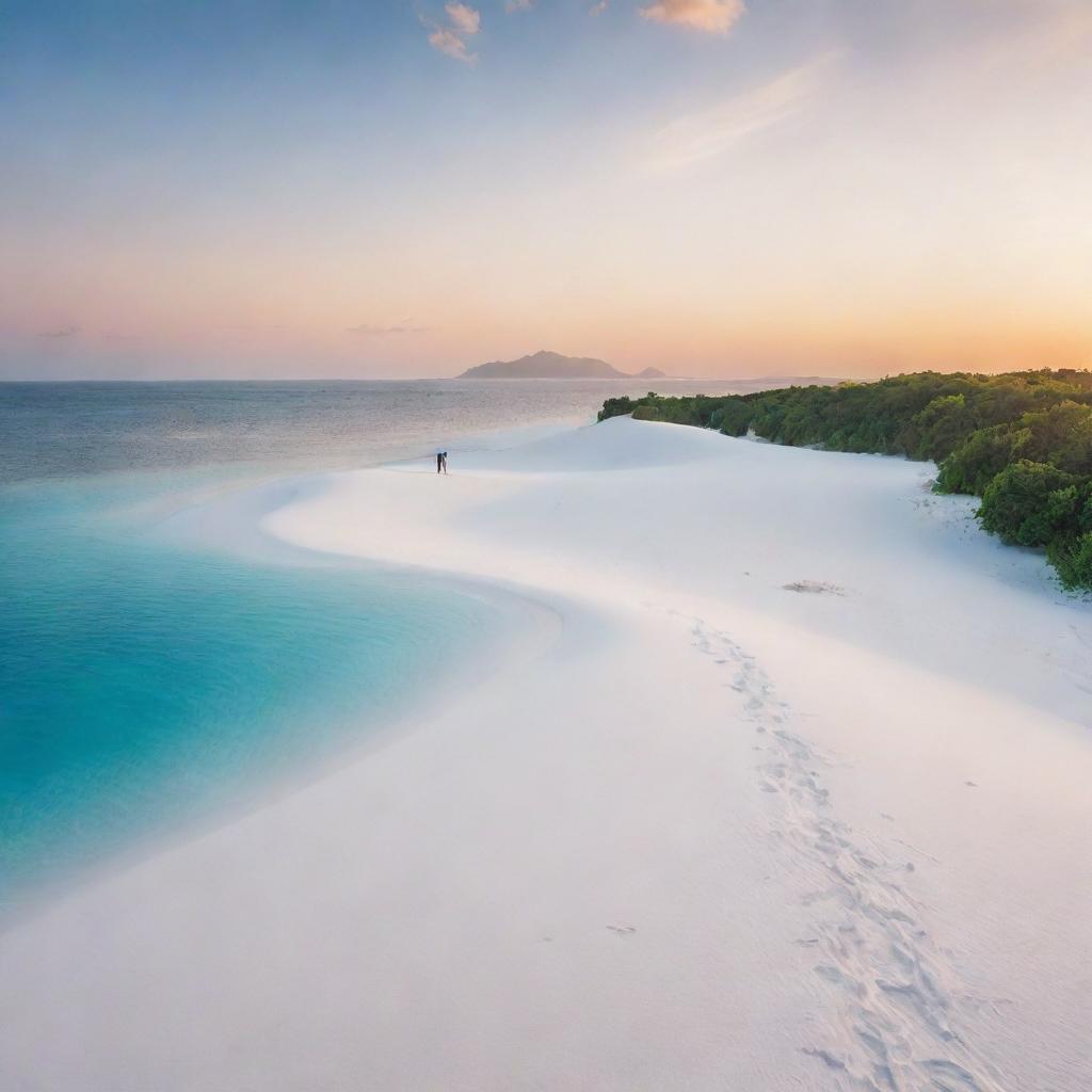 A stunning solitary island with a single person standing on the white sands, surrounded by azure waters and lush greenery, under the canvas of a breathtaking sunset