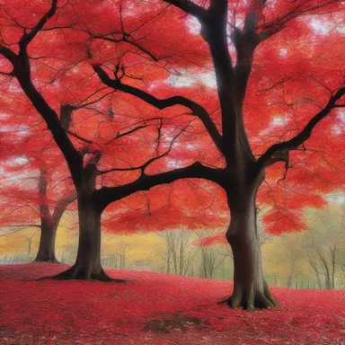 As the protagonist wandered through the enchanted forest, she came across a magnificent sweet gum tree with vibrant red leaves.