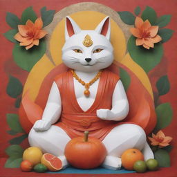 A mystifying fusion of a Blox fruit Kitsune, denoted by intertwined fox and spiritual elements, and a Buddha, illustrated with serene facial expressions and meditative poses