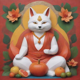 A mystifying fusion of a Blox fruit Kitsune, denoted by intertwined fox and spiritual elements, and a Buddha, illustrated with serene facial expressions and meditative poses