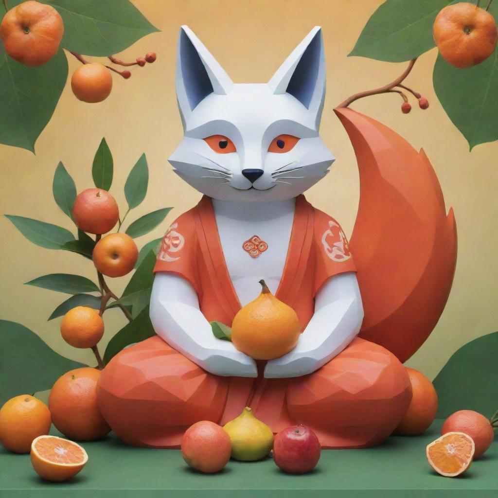 A mystifying fusion of a Blox fruit Kitsune, denoted by intertwined fox and spiritual elements, and a Buddha, illustrated with serene facial expressions and meditative poses