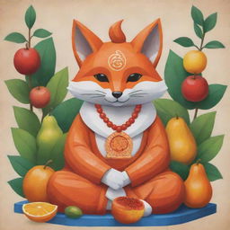 A mystifying fusion of a Blox fruit Kitsune, denoted by intertwined fox and spiritual elements, and a Buddha, illustrated with serene facial expressions and meditative poses