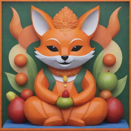 A mystifying fusion of a Blox fruit Kitsune, denoted by intertwined fox and spiritual elements, and a Buddha, illustrated with serene facial expressions and meditative poses