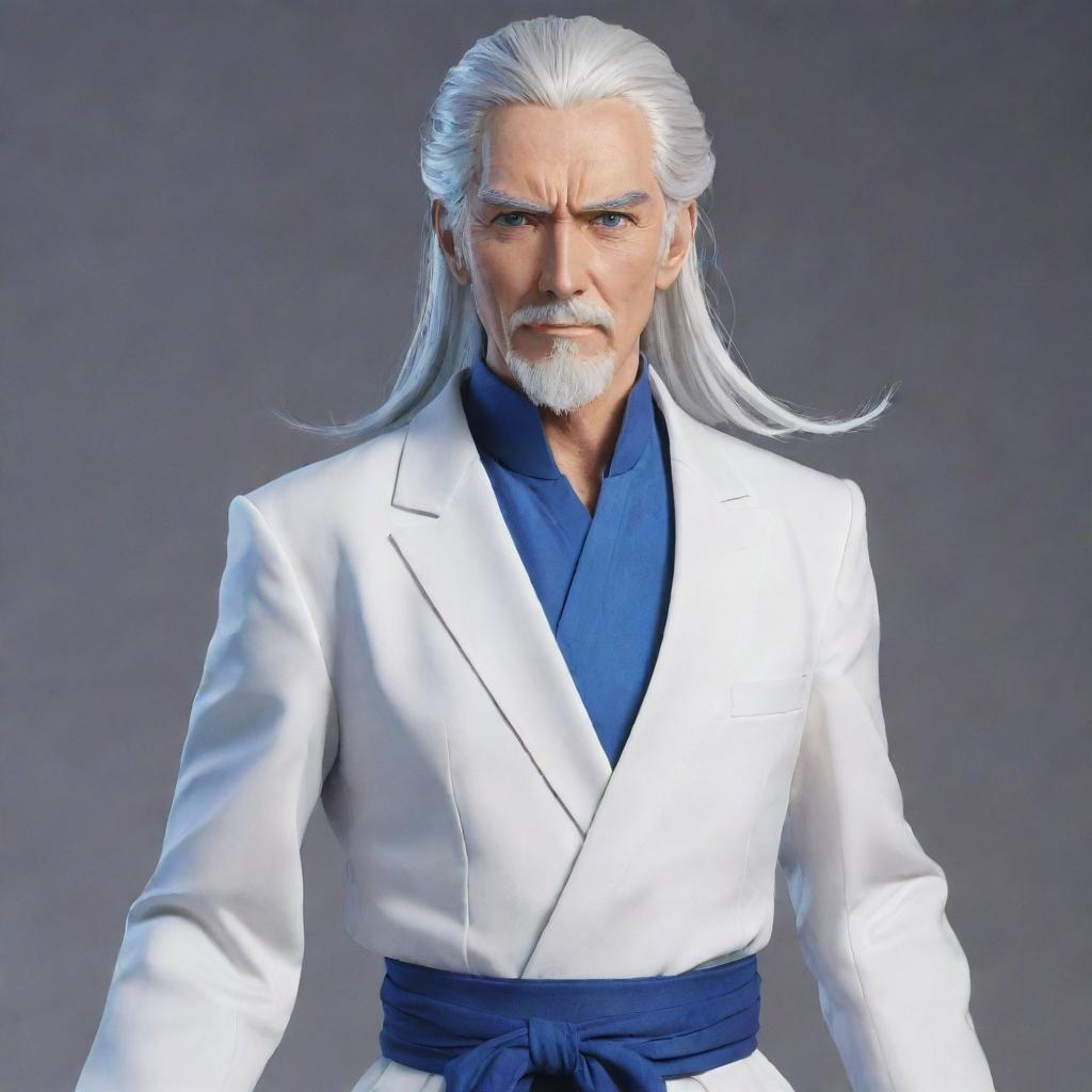 Create a full-body image of a middle-aged, tall, smart, and handsome anime man with an appearance of a minister. He has long, silver-white hair tied up, striking blue eyes, and is dressed neatly in a gorgeous outfit.