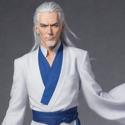 Create a full-body image of a middle-aged, tall, smart, and handsome anime man with an appearance of a minister. He has long, silver-white hair tied up, striking blue eyes, and is dressed neatly in a gorgeous outfit.