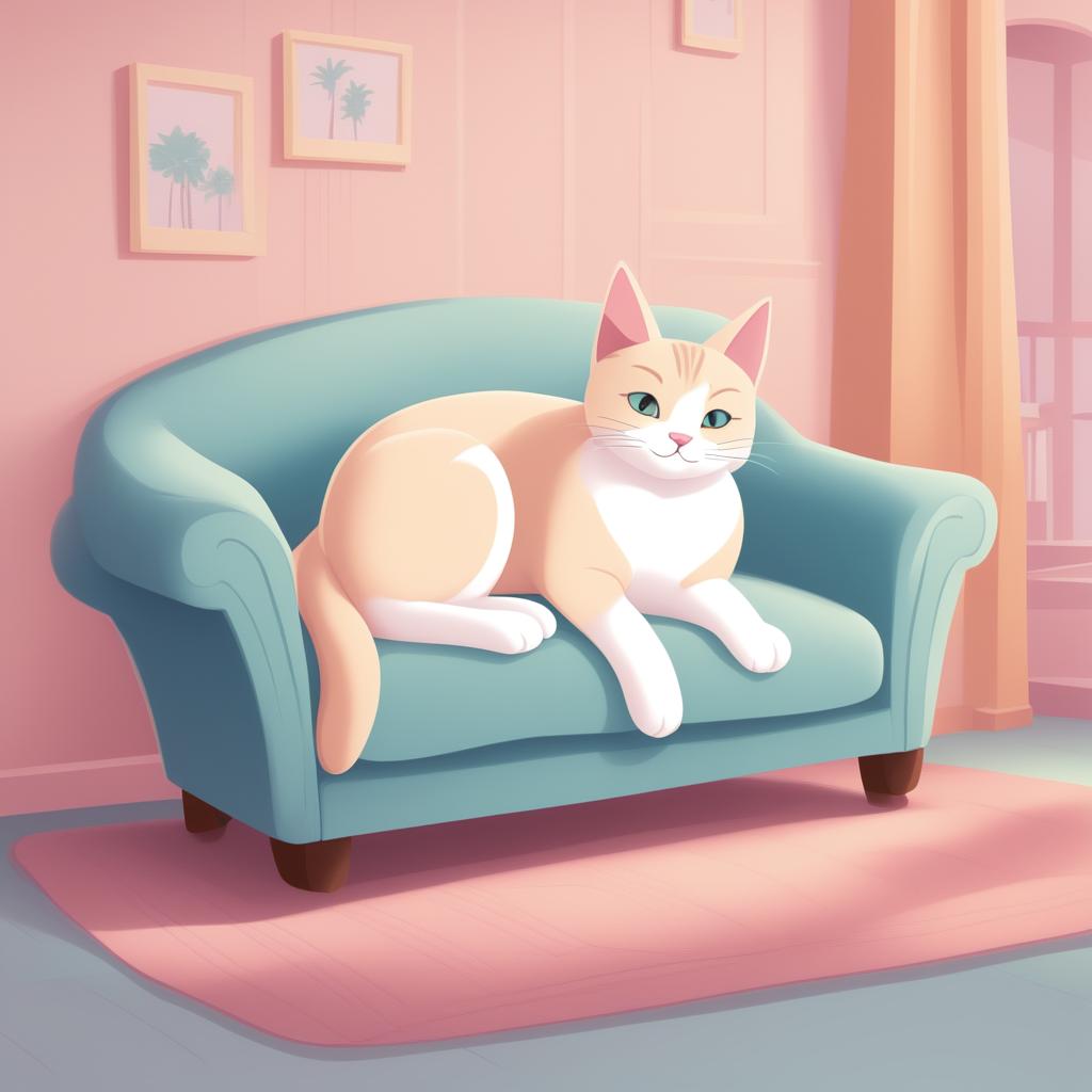 A high-quality, digital cartoon illustration of a cat lounging on a couch, rendered in a soothing pastel color palette