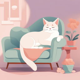 A high-quality, digital cartoon illustration of a cat lounging on a couch, rendered in a soothing pastel color palette