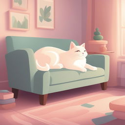 A high-quality, digital cartoon illustration of a cat lounging on a couch, rendered in a soothing pastel color palette